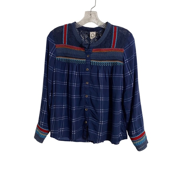Anthropologie Tops - Akemi+Kin Anthropologie Navy Plaid Button-Up Blouse with Embroidered Details 8P